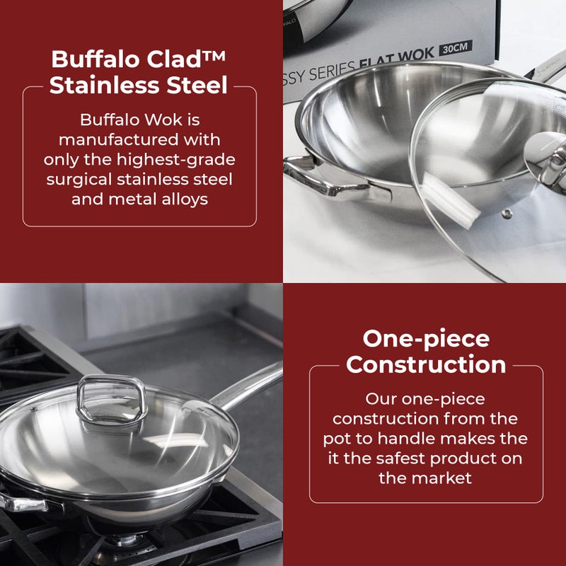 BUFFALO Clad Stainless Steel Wok Pan with Lid Flat Bottom 12 inch (30cm) - Small Stir Frying Pan with Stay-Cool Long Handle - Tri-Ply Nonstick Deep Cooking Pot for Induction/Electric/Gas Stoves - Image 2